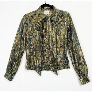 Vintage Milly Women's Metallic Gold & Teal Floral Silk Blouse - Size 2
